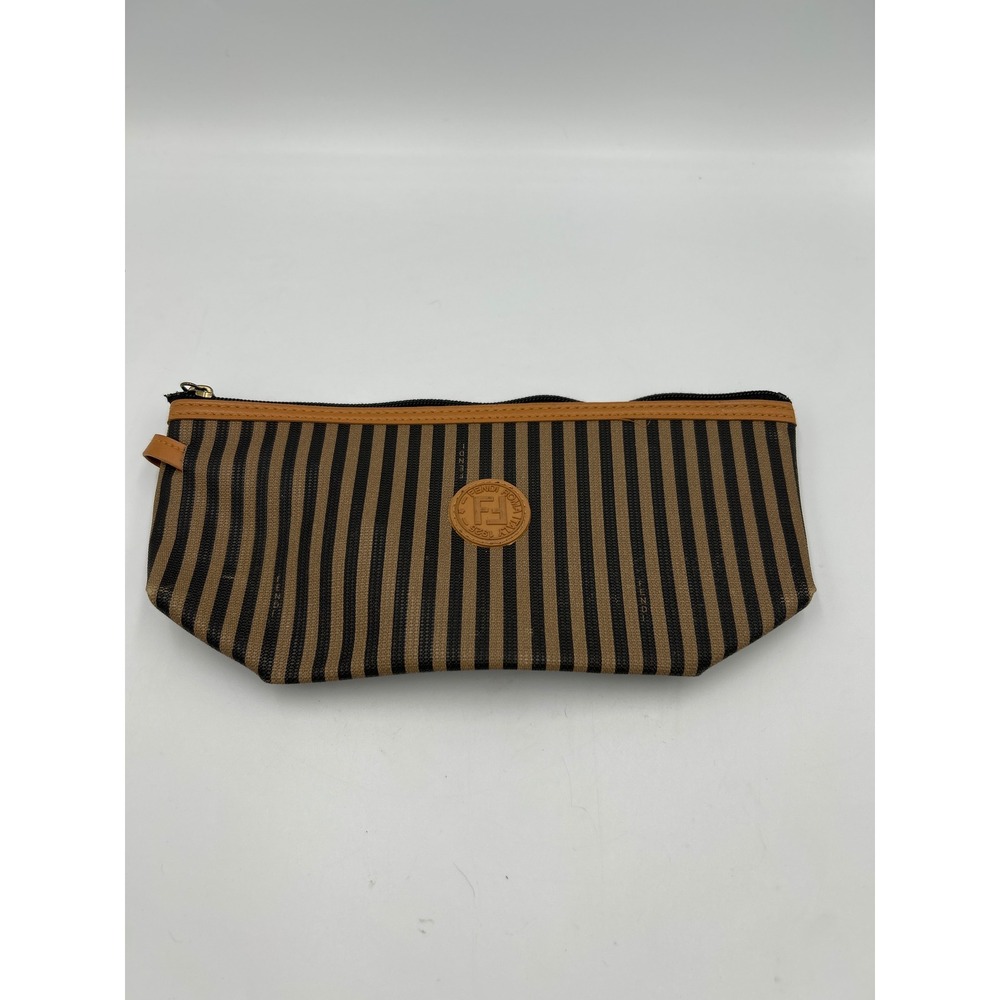 Fendi Pequin Striped Canvas Leather Cosmetic Pouch Bag Brown Black Vintage Italy - Picture 2 of 8